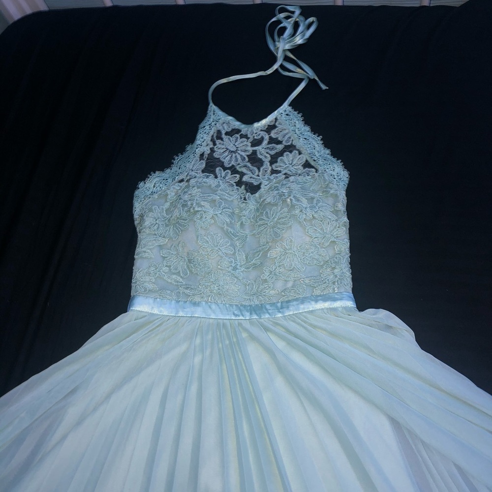 Beautiful mint green long flowing prom dress